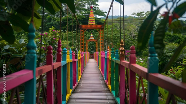 Fototapeta A brightly colored hanging bridge set against the backdrop of a dense green jungle.
