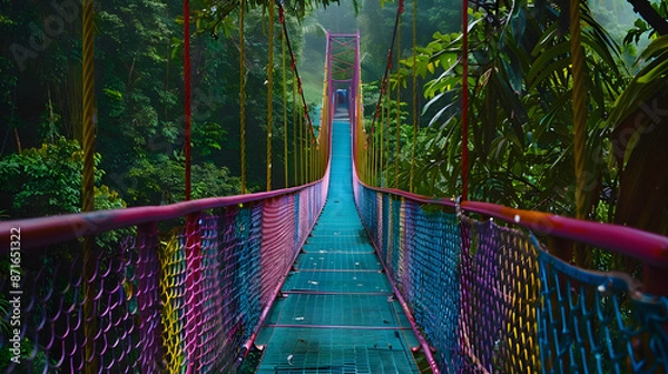 Fototapeta A brightly colored hanging bridge set against the backdrop of a dense green jungle.
