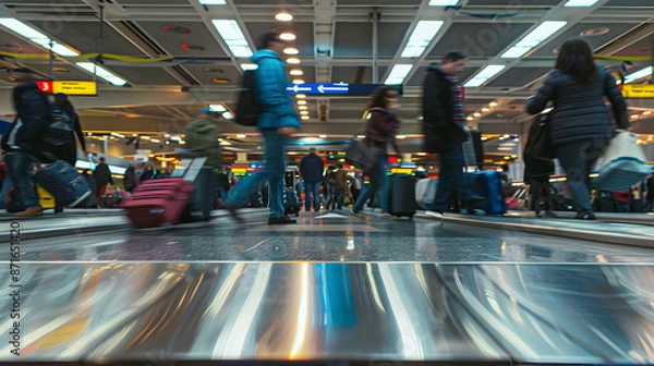 Fototapeta A bustling baggage claim area with passengers retrieving luggage.