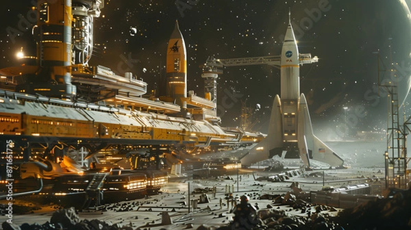 Fototapeta A bustling spaceport with spacecraft ready for interplanetary travel.