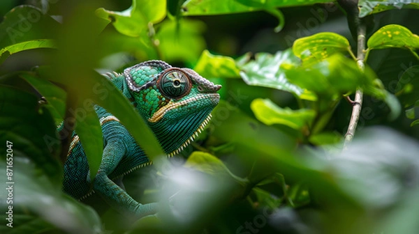 Fototapeta A chameleon blending into the foliage of a dense forest changing colors to match its surroundings.