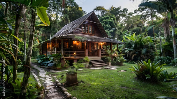 Fototapeta A charming rustic cabin nestled in a tropical forest surrounded by vibrant flora and fauna.