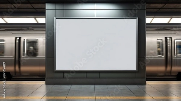 Obraz mockup of blank advertising billboard in a subway station with passing trains and commuters on a concrete and metallic background concept of urban advertising