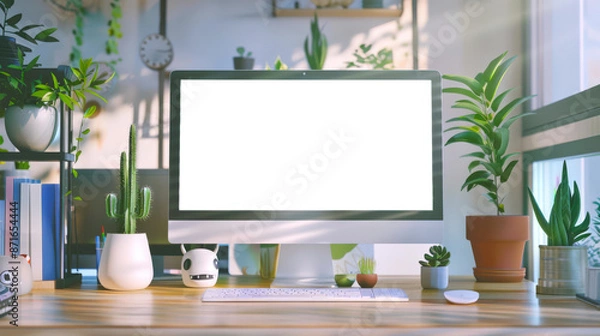 Obraz There is a computer monitor with a keyboard and mouse on the table. A mockup of a computer monitor surrounded by various green plants in a cozy room
