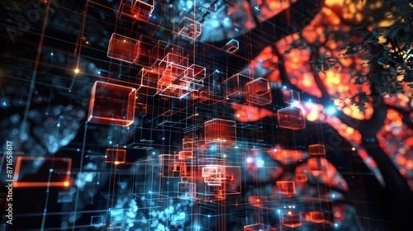Fototapeta Digital Network Structure with Glowing Orange and Blue Lines