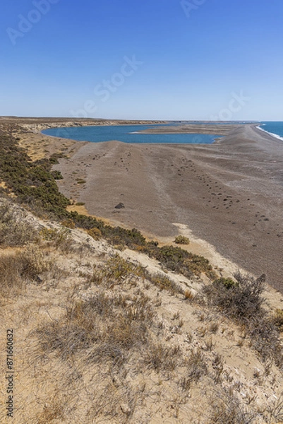 Fototapeta The pebble beach and the laguna at Punta Cantor the most eastern point of the Valdes peninsula