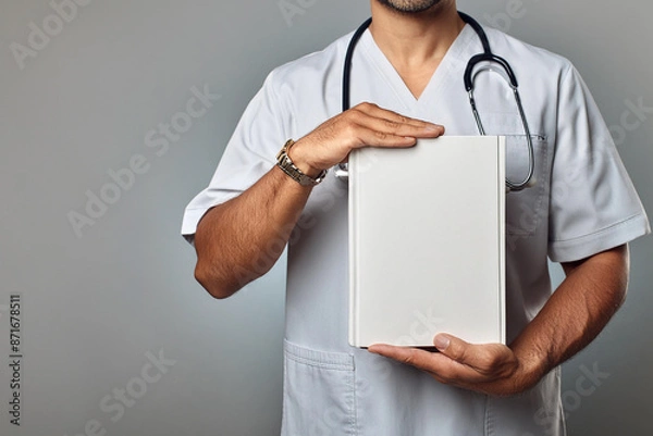 Obraz A veterinarian doctor holds a book with blank covers on a solid gray background