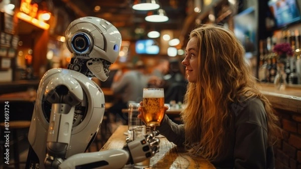 Obraz Ai and human having fun together, drinking beer