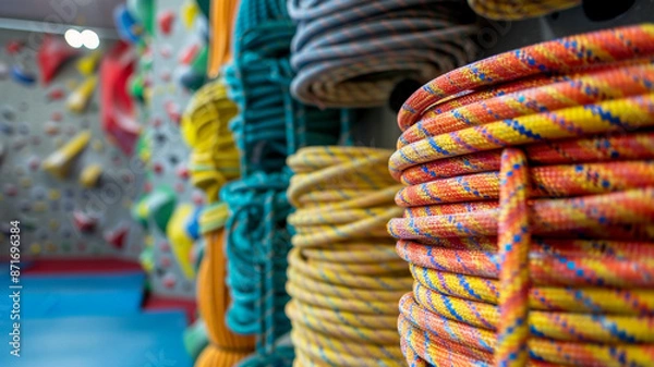 Fototapeta Highlight a stack of brightly colored climbing ropes neatly coiled up in a climbing gym 