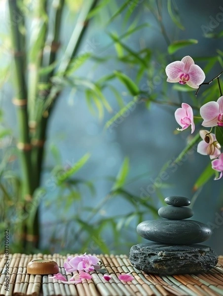 Fototapeta A soothing spa background with bamboo, orchids, and a Zen stone stack, ample copy space
