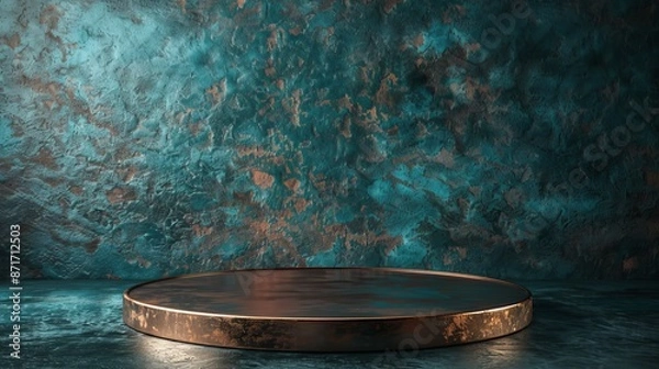 Fototapeta Industrial copper podium on teal background for realistic rugged product displays, textured surface