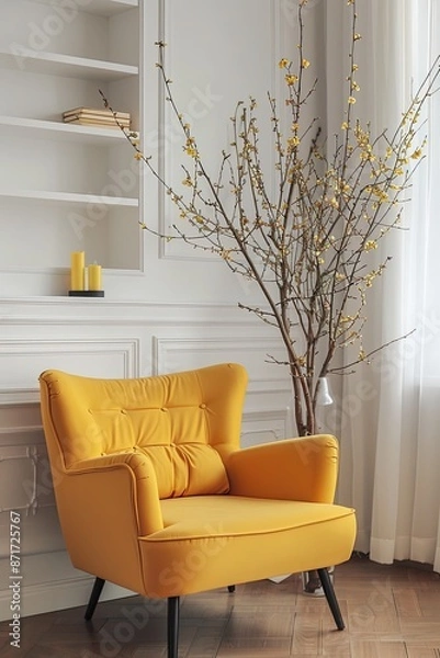 Fototapeta interior of a living room with a yellow armchair, a shelf, and a vase with branches of yellow flowers