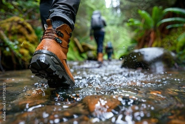 Fototapeta Hikers' boots navigating a forest stream, close-up of water splash