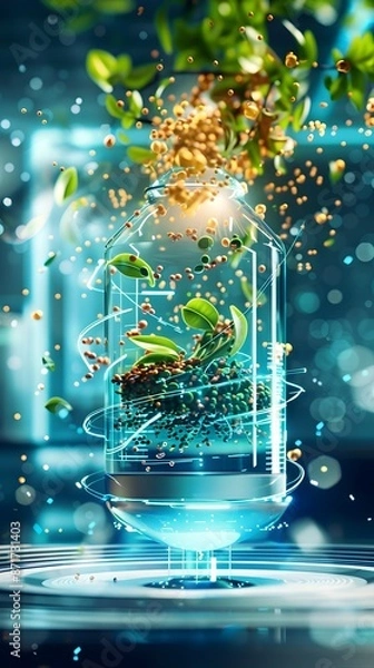 Fototapeta Futuristic Polyphenols Infusion Into Conditioner Dispenser with Neon Holographic Effects