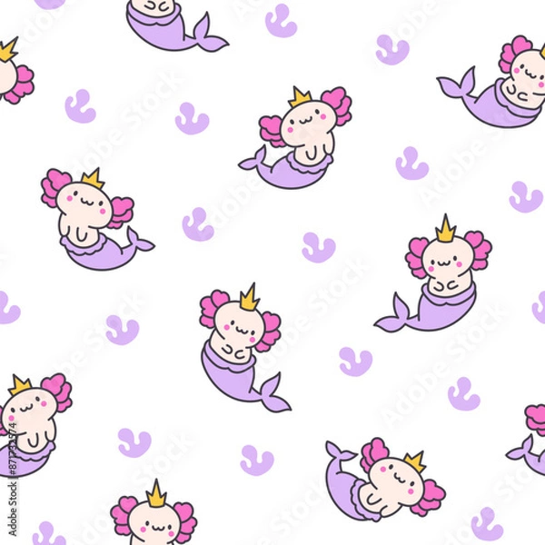 Fototapeta Cute kawaii axolotl mermaid. Seamless pattern. Cartoon fantasy animal characters. Hand drawn style. Vector drawing. Design ornaments.