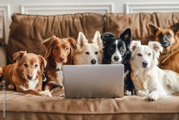 Fototapeta Funny Message. Dogs Having a Chat on Laptop in a Business Meeting on Video Call