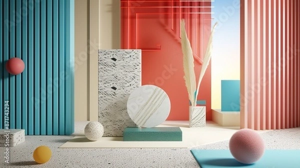 Fototapeta A modern abstract composition featuring geometric shapes, including spheres, cylinders, and rectangular prisms, in a colorful setting with a mix of textures such as marble and terrazzo.