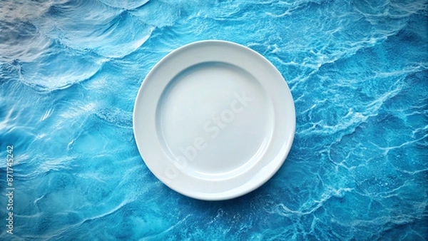 Obraz Empty white plate in the center of the image on blue sea background.