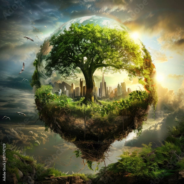 Fototapeta Arbre dans le ciel avec coucher de soleil