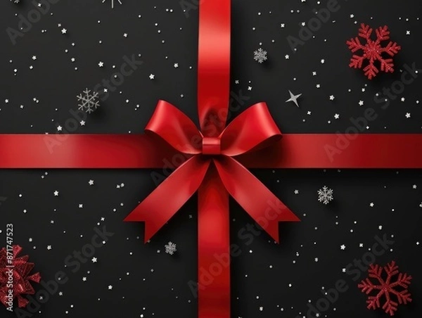 Fototapeta Red Ribbon on Black Background with Snowflakes