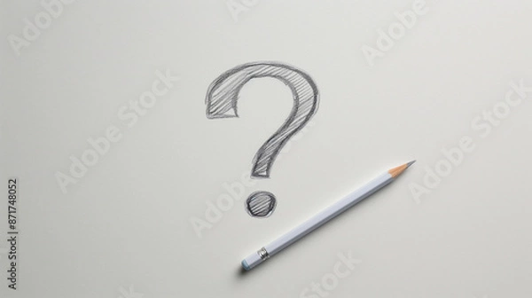 Obraz A pencil is on a white surface with a question mark drawn on it. The pencil is sharpened and ready to be used. Concept of curiosity and the desire to find answers to questions
