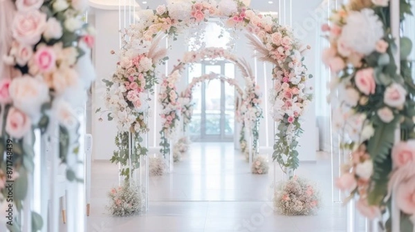 Fototapeta Elegant wedding aisle decorated with pastel flowers and greenery arches, creating a romantic and whimsical atmosphere. Luxurious celebration concept.