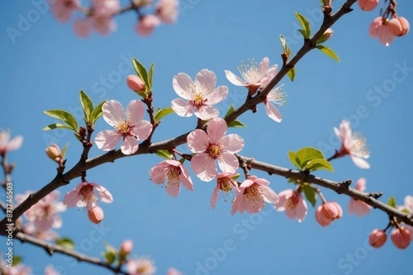 Fototapeta Beautiful floral spring abstract background of nature. Branches of blossoming apricot macro with soft focus on gentle light blue sky background. For easter and spring greeting cards with copy space