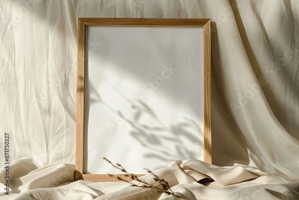 Fototapeta A blank white picture frame is placed on a canvas background