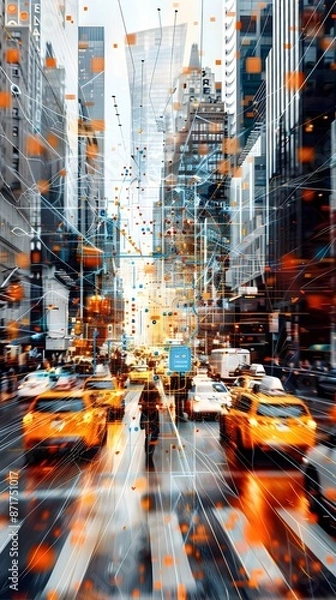 Fototapeta Bustling City Metropolis with Overlaid Neural Network Patterns