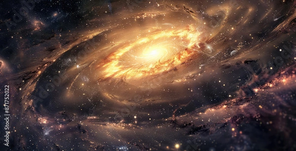 Fototapeta Black Hole Accretion Disks, A stunning, detailed image of a spiral galaxy with a bright, glowing center, surrounded by swirling arms of stars and cosmic dust, set against a dark, s