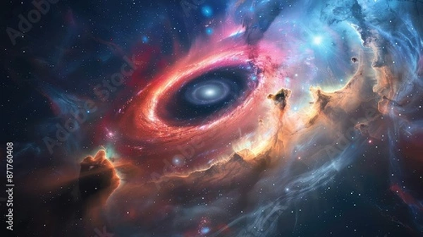 Fototapeta wide angle Stunning science image of Black Hole Accretion Disks aginst colorful galaxy. astronomy scientific look and feel like in national geography book.
