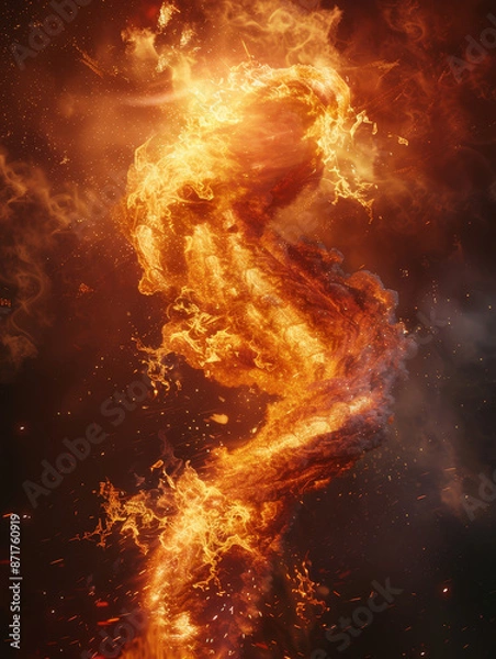 Fototapeta Fiery Whirlwind - A fiery whirlwind erupts against a dark backdrop, the flames swirling and twisting in a mesmerizing display of power and heat. - A fiery whirlwind erupts against a dark backdrop, the
