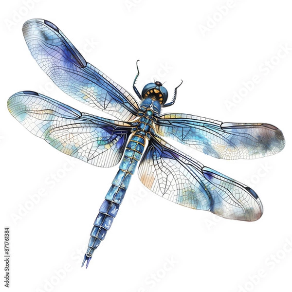 Obraz Detailed watercolor illustration of a blue dragonfly with transparent wings. Perfect for nature-themed designs and artwork.