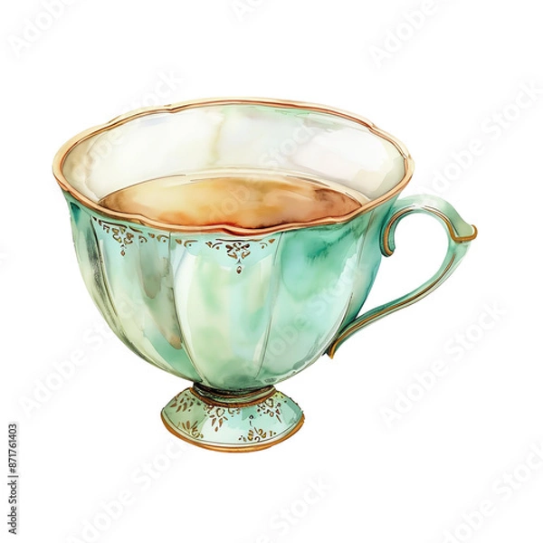 Obraz Elegant vintage teacup with a floral design and a handle, filled with tea. Perfect for illustrations, prints, and crafting projects.