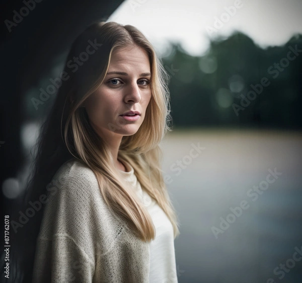 Obraz  american woman late thirties with a contemplating sad face in recovery process after her addiction, silent tranquil nature and solitude