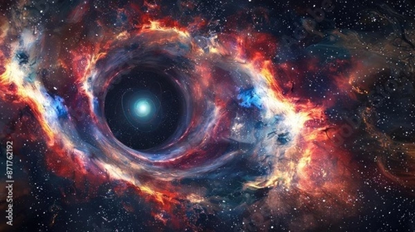 Fototapeta Black Hole Accretion Disks, A stunning, ultra-realistic photographic image of a colorful, swirling black hole in space, with vibrant reds, oranges, and blues, set against a backdro