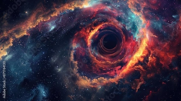 Fototapeta Black Hole Accretion Disks, A stunning, ultra-realistic photographic image of a colorful, swirling black hole in space, with vibrant reds, oranges, and blues, set against a backdro