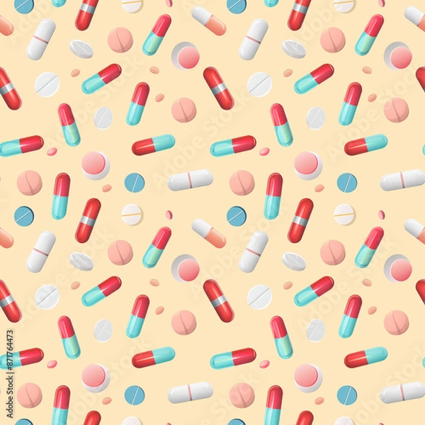 Obraz Seamless pattern with colored tablets, capsules and pills on yellow background.