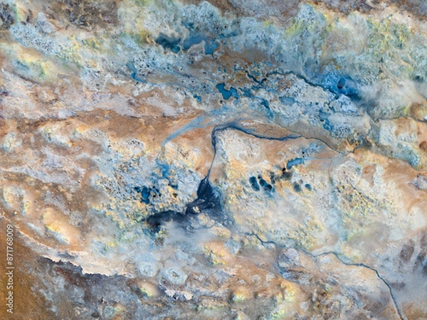Obraz View from above, stunning aerial view of Námafjall Geothermal Area also known as Hverir with smoking fumaroles and boiling mud pots, surrounded by sulphur crystals of many different colours, Iceland.