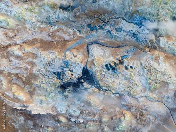 Obraz View from above, stunning aerial view of Námafjall Geothermal Area also known as Hverir with smoking fumaroles and boiling mud pots, surrounded by sulphur crystals of many different colours, Iceland.