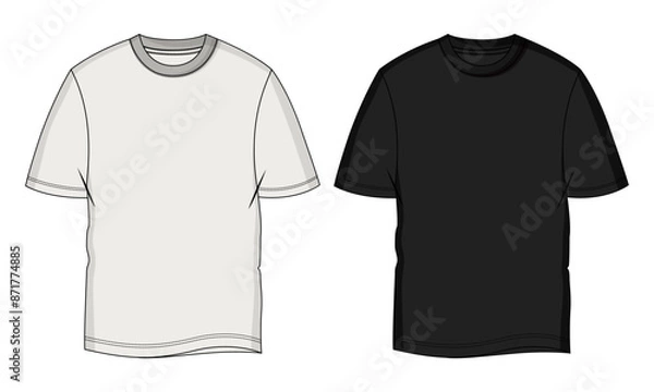 Fototapeta Short sleeve t shirt technical drawing fashion flat sketch vector illustration grey and black color template isolated on white background