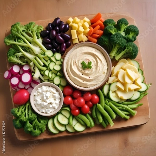Obraz Greek hummus, complemented by an array of crisp vegetables such as broccoli florets, snap peas, and quartered radishes. Accented with salty Kalamata olives and a sprinkling of crumbled feta cheese