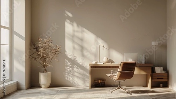 Fototapeta A minimalist workspace with a sleek, modern desk, a stylish chair, and a few carefully selected decorative items, bathed in natural light from a nearby window.