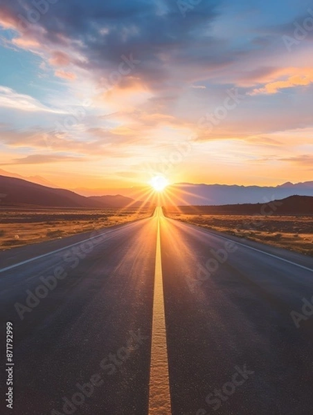Fototapeta sun rising at the end of a long, empty road