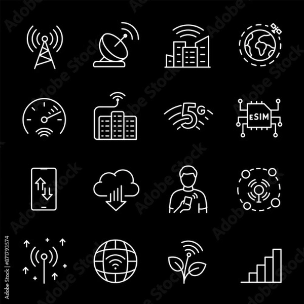 Fototapeta Telecommunications, white line icons. Data transmission technology, internet, and cellular communication. tech and communication themes. Symbols on black background. Editable stroke.