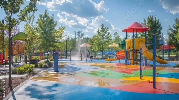 Fototapeta A park with a splash pad and a playground