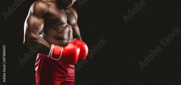 Fototapeta A muscular boxer stands with his fists clenched in red boxing gloves, ready for a fight.