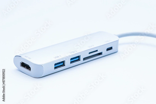 Fototapeta Closeup shot, laptop USB Type-C adapter with different connectors for connecting devices.
