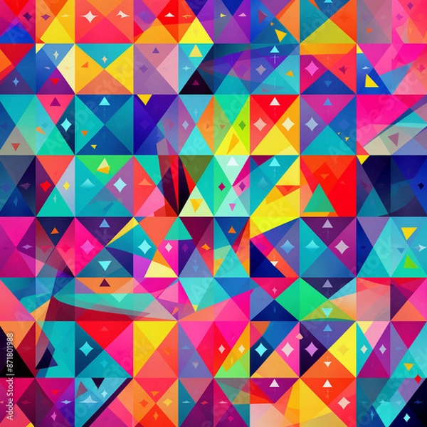 Fototapeta Abstract geometric pattern with vibrant colors: triangles, squares, and circles in bold hues, arranged in an eye-catching and harmonious composition. Ai generated image.