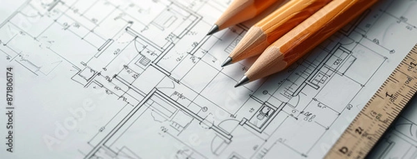 Fototapeta detailed closeup wide horizontal photo of yellow color drawing pencils on a architectural layout plan blueprint drawing on a table 
